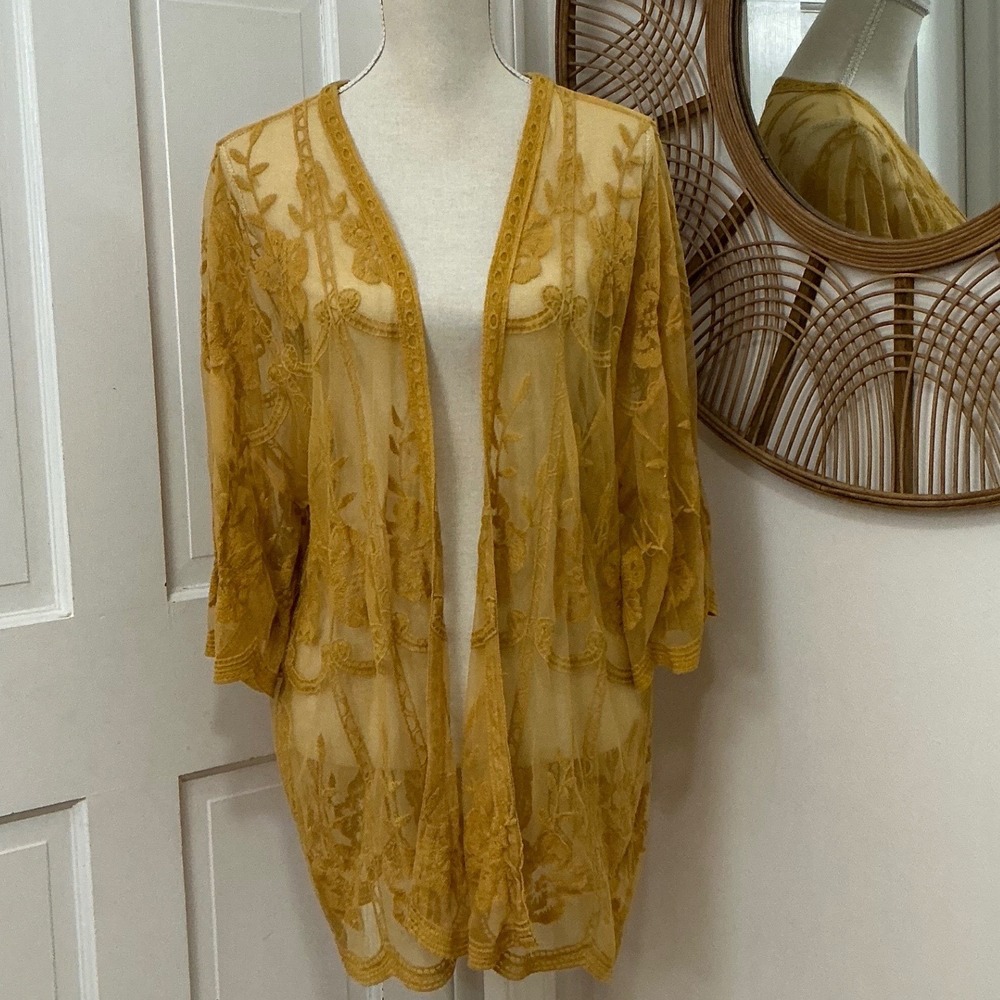 Honey Belle Sheer Lace Kimono Cardigan L Mustard Yellow Boho Festival l Layers